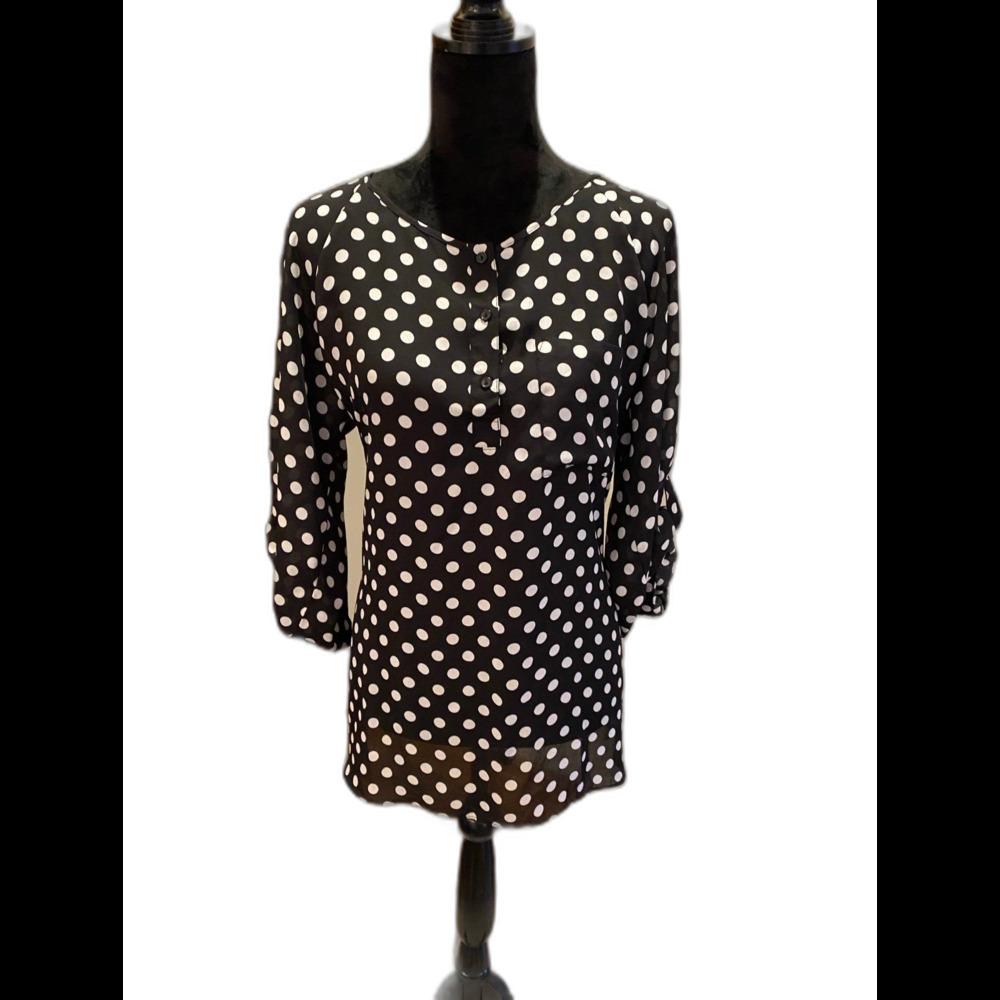 Massini Blouse‎ Plus Size XL Top Sheer 3/4 Sleeve Black & White Polka Dot